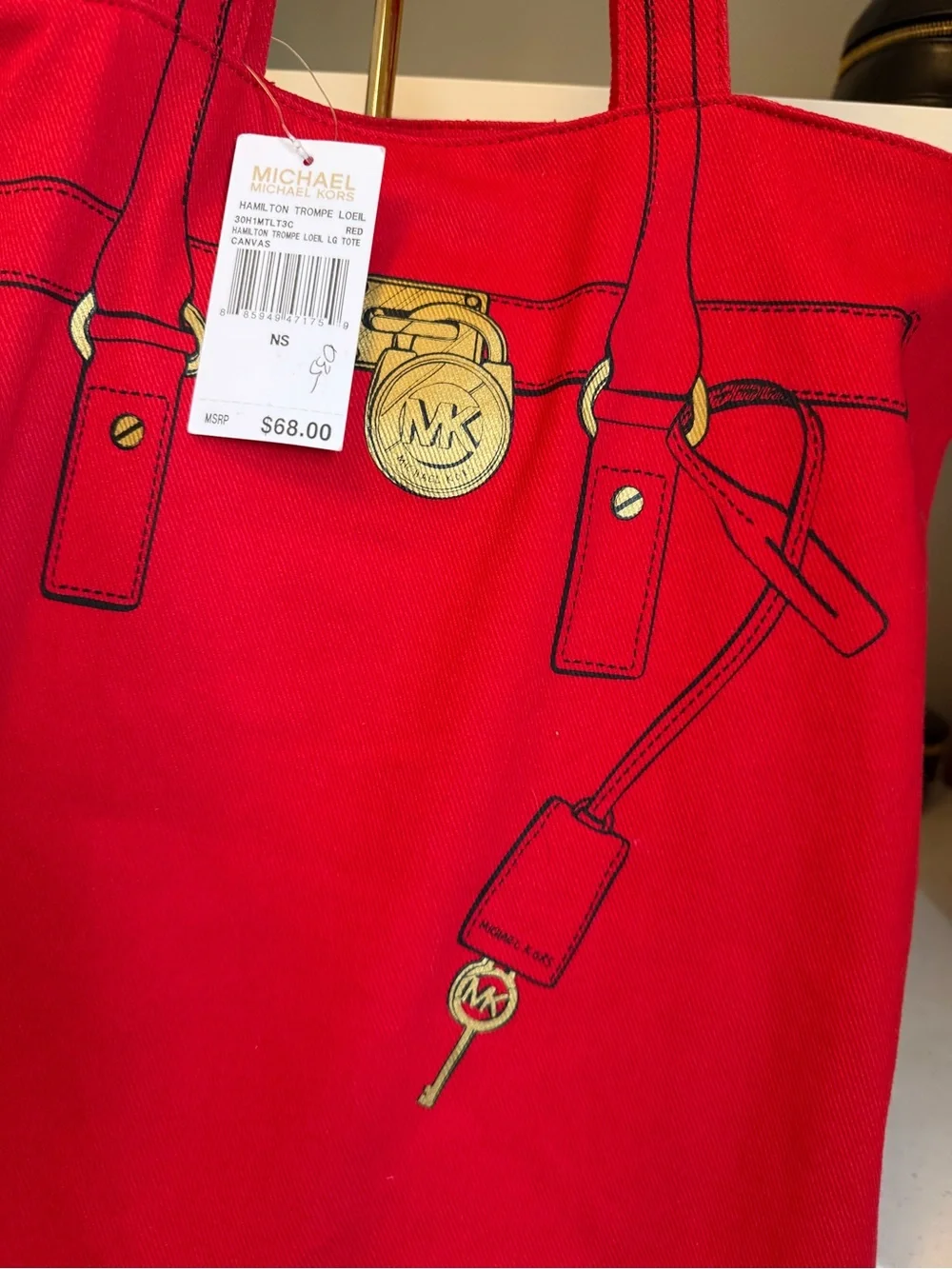 Michael Kors NWT Red Canvas Hamilton Tote with Gold Accent Print